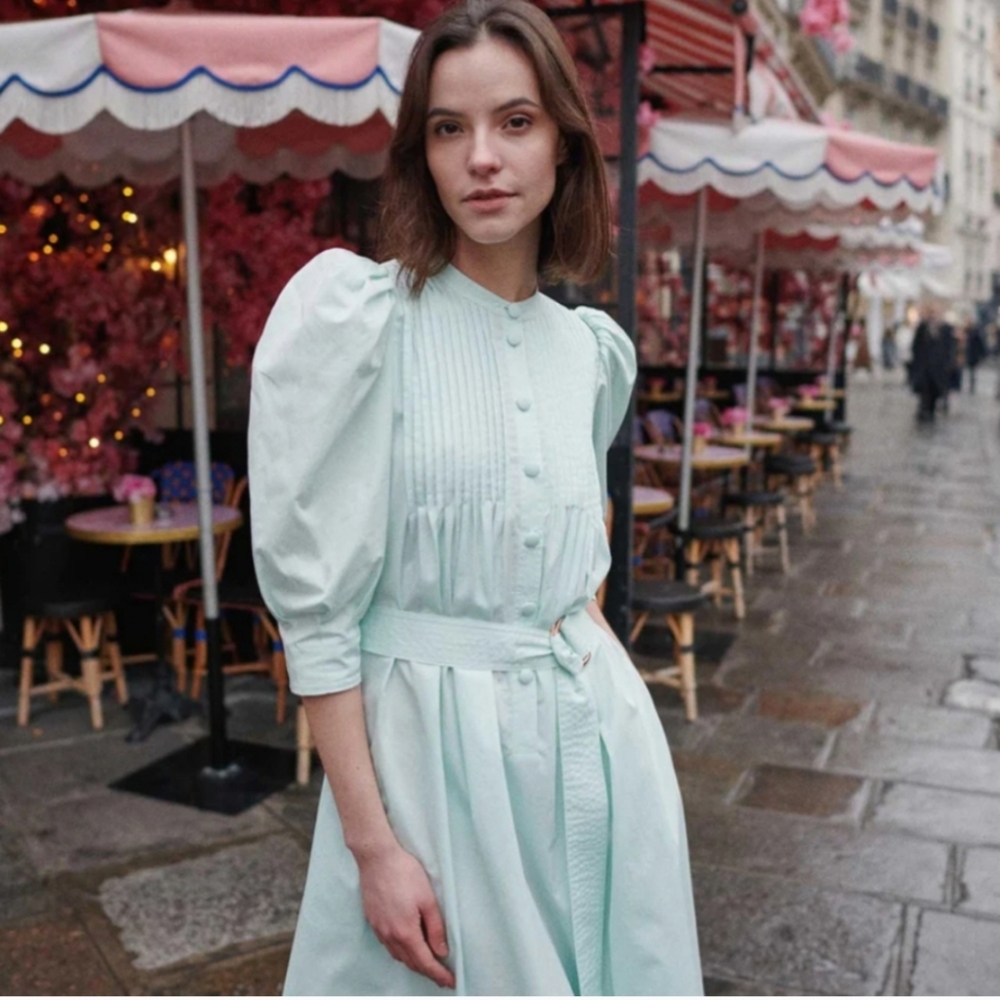 HUNTER BELL Mint Green Puff Sleeve Midi Dress